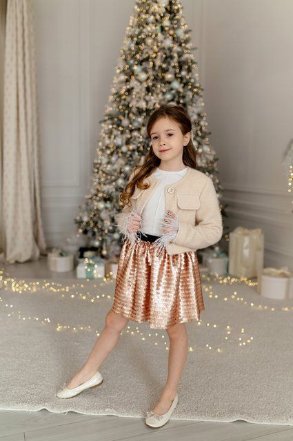 Піджак альпака беж та спідниця паєтки бронза для дівчинки &mdash; Mini Queenie