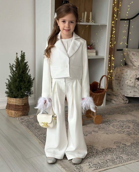 Піджак Трініті зі штанами палаццо білий для дівчинки &mdash; Mini Queenie