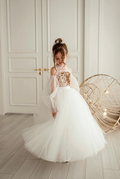 Сукня Тіана довга біла з золотими паєтками для дівчинки &mdash; Mini Queenie