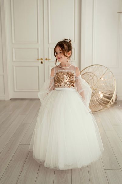 Сукня Тіана довга біла з золотими паєтками для дівчинки &mdash; Mini Queenie