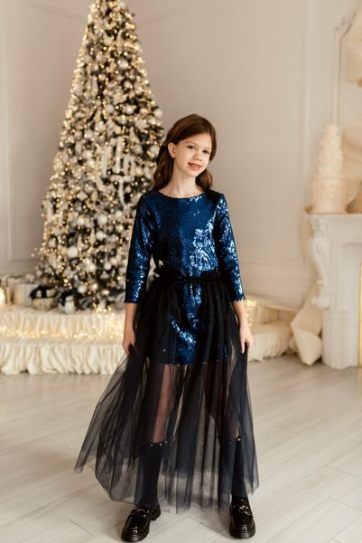 Сукня Неллі з рукавом паєтки темно сині для дівчинки &mdash; Mini Queenie